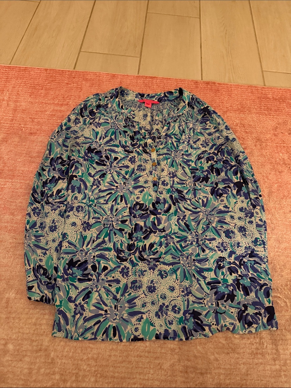 Lilly Pulitzer Blue, Teal and White Floral Split-Neck Tunic